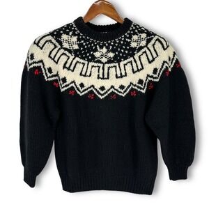 VTG Currents Australia Fair Isle Sweater Oversized Sz S 100% Wool Black‎ Cream